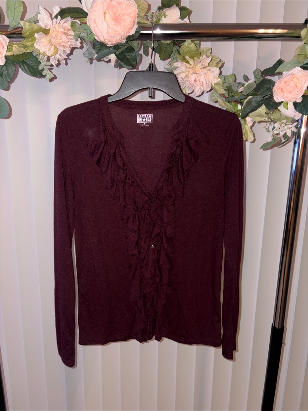 Converse Women's Deep Burgundy Ruffle-Front Cardigan